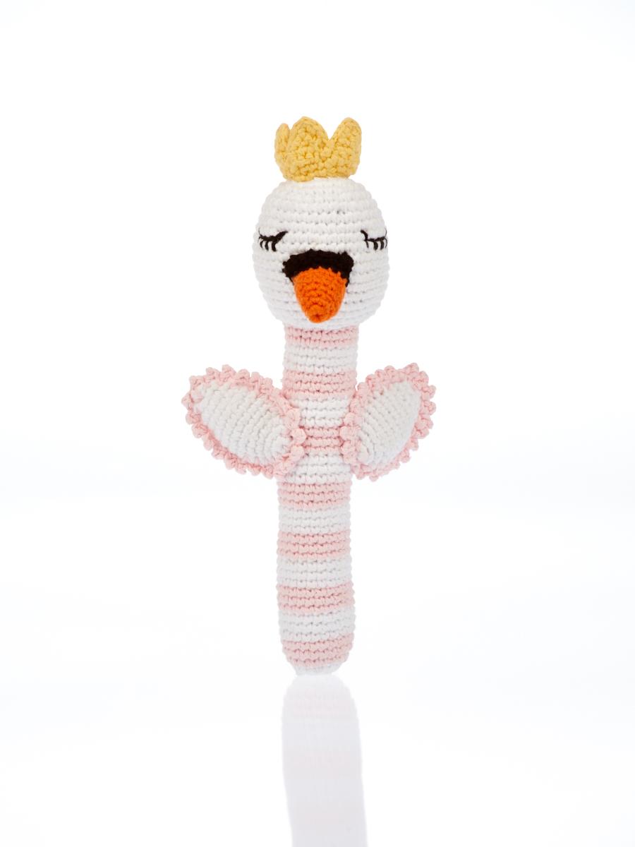 Crochet Cotton Swan Stick Baby Rattle with pink and white stripe body and orange crown